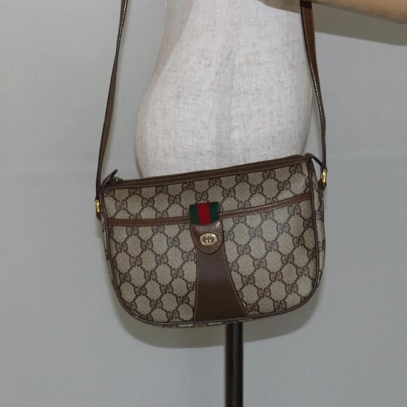GUCCI GG Canvas Web Sherry Line Shoulder Bag PVC Leather Beige Red Auth 146151 - Picture 1 of 16